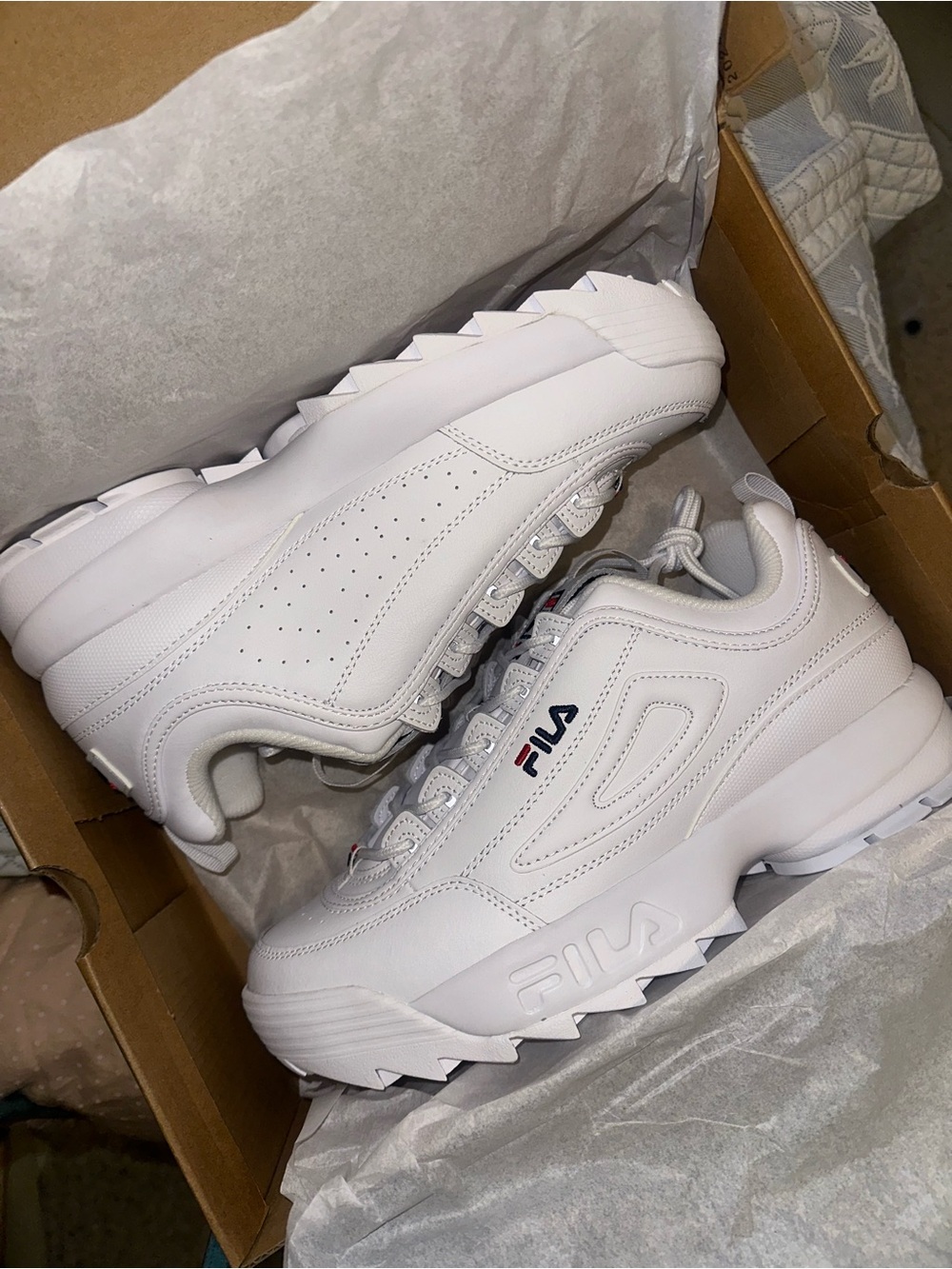Fila White Leather Platform Sneakers with Navy & Red Logo